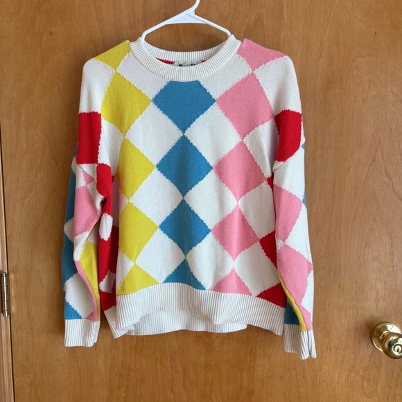 Boden Sweaters - Boden Cotton Argyle Crew Sweater Large Diamond Harlequin Yellow Pink Blue Red